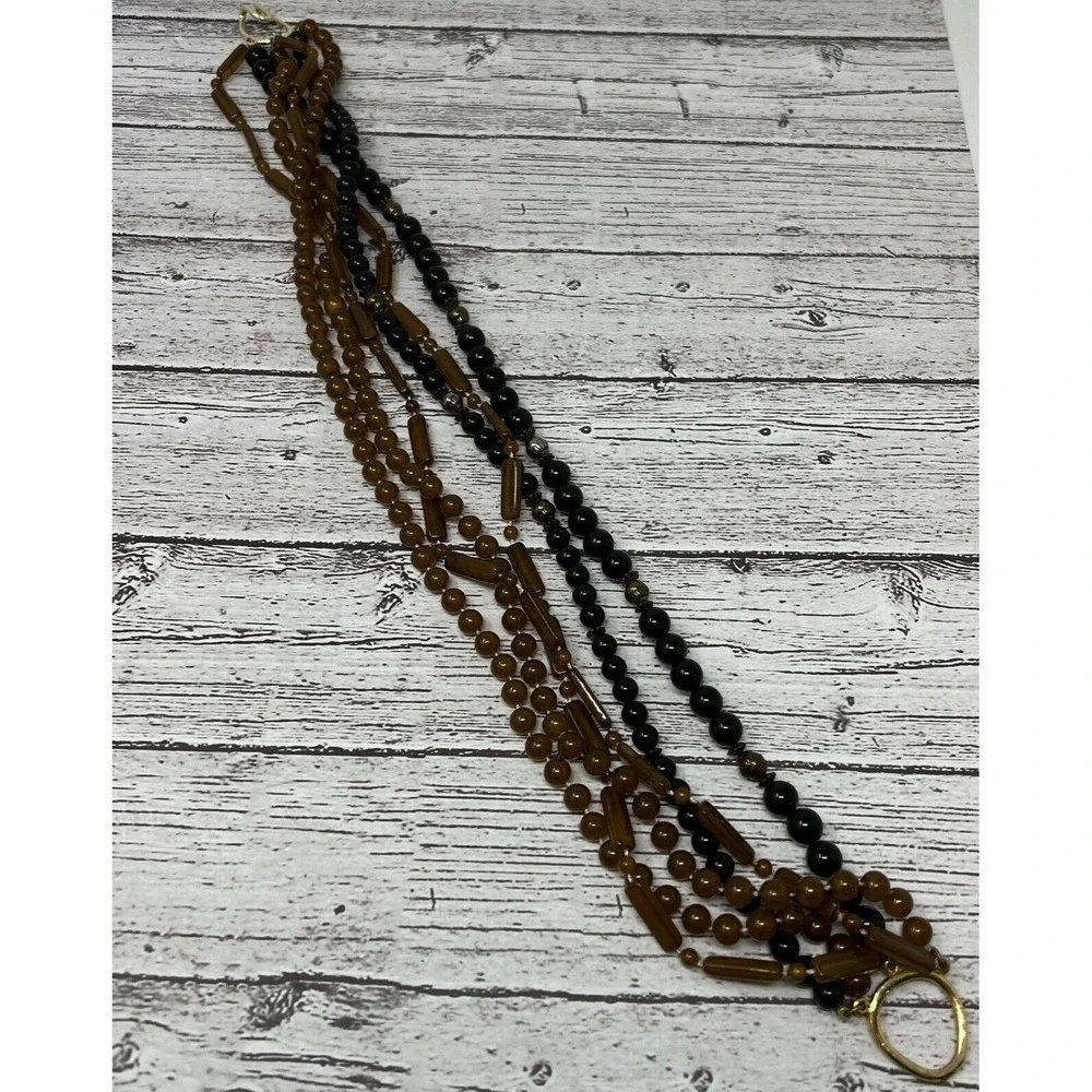 Vintage Beaded Necklace Multi Strand Brown Black Square Round